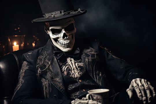 Halloween theme dark fantasy, gentleman skeleton wearing tuxedo and top hat, Generative Ai