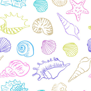 Seashell pattern ,  fabric pattern , wallpaper,  textile design,  shells , colorful seashells , shellfish, conch , mollusks , starfish , marine illustration, vector illustration ,  ocean , scallops