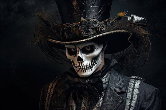 Halloween theme dark fantasy, lady skeleton wearing beautiful vintage dress with top hat, Generative Ai