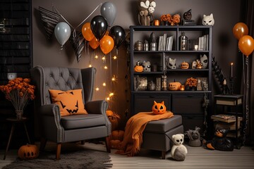 Halloween living room decoration in orange and black tone color, Generative Ai