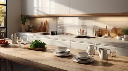 Obraz na płótnie Canvas kitchen modern beige kitchen countertops Induction cooker, hidden cabinet, hood for interior decoration product display background