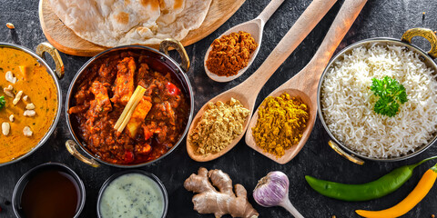 Composition with Indian dishes with basmati rice