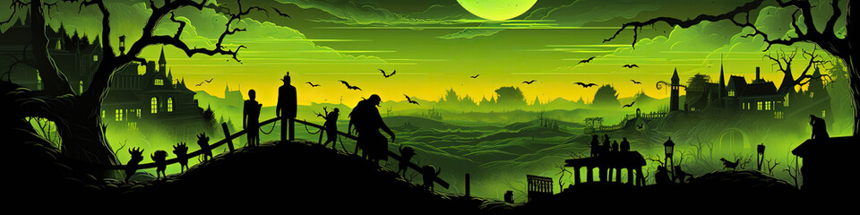 Fototapeta na wymiar creepy Halloween landscape banner background, green, Generative Ai