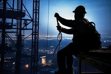 Silhouette of worker on the construction site at night