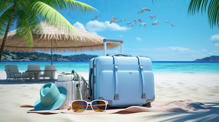 summer beach with travel accessory, 3d render suitcase 3d illustration - obrazy, fototapety, plakaty