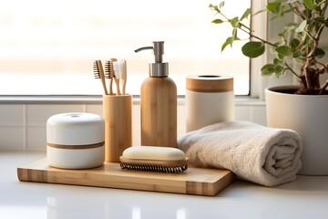 Bathroom styling and organization. Organic lifestyle and skin care products. created generative AI.