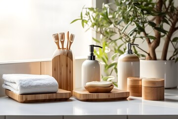 Obraz na płótnie Canvas Bathroom styling and organization. Organic lifestyle and skin care products. created generative AI.