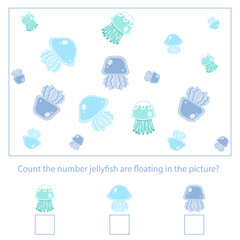 Colorful game counting of ocean animals for preschool kids activity worksheet . Vector Illustration.