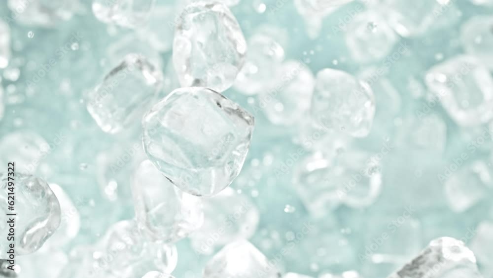 Poster super slow motion of rotating ice cubes, top view shot. filmed on high speed cinema camera, 1000 fps