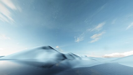 Fantasy world, futuristic fantasy image. 3d render of surreal landscape with  water and colorful sand. Podium, display on the background of abstract glass, mirror shapes and objects. 