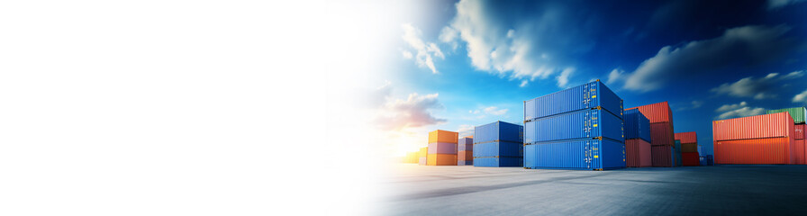 Container Yard on blue sky background and floor ground with copy space, Global Business Logistics import export goods of freight carrier, industrial port, cargo transportation industry concept