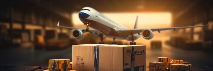 Airplane with a box. The concept of aviation logistics. Generative AI