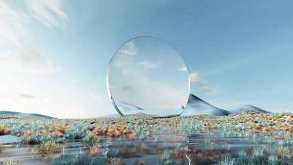 Fantasy world, futuristic fantasy image. 3d render of surreal landscape with water, colorful sand and grass. Podium, display on the background of abstract glass, mirror shapes and objects. 