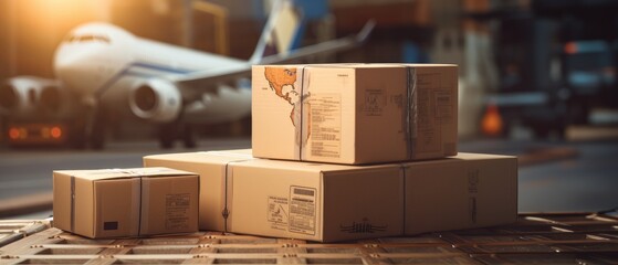 Airplane with a box. The concept of aviation logistics. Generative AI