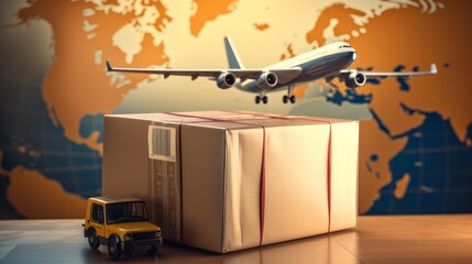Airplane with a box. The concept of aviation logistics. Generative AI