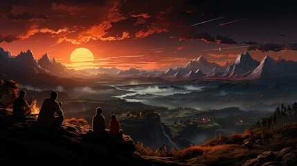  two people sitting on a hill looking at a beautiful sunset.  generative ai