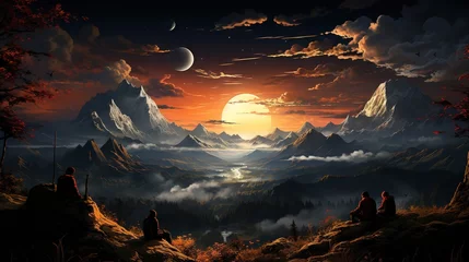  a painting of two people sitting on a hill looking at the sunset.  generative ai © Oleg