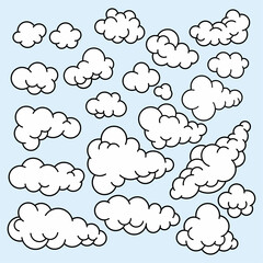 Set of vector clouds. Isolated clouds in various sizes. Isolated clouds with different shapes. Set of clouds.