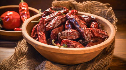 Ancho-Chili ist eine getrocknete Chilisorte mit einer tiefen, rotbraunen Farbe. Ancho chili is a type of dried chili pepper that is a deep, reddish-brown color. Generative AI - obrazy, fototapety, plakaty