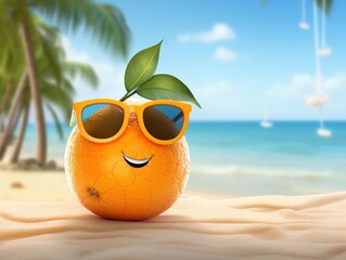 An orange Wear sunglasses in the beach 3D illustration, summer vibes, AI Generative 