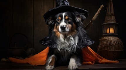 Fototapeta na wymiar cute dog wearing witch costume, Generative Ai