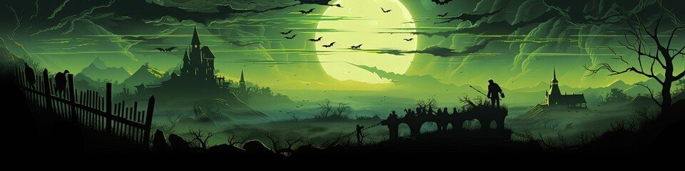Fototapeta na wymiar creepy Halloween landscape banner background, green, Generative Ai