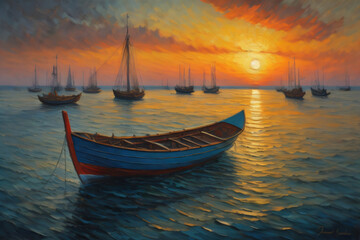 Naklejka premium Generative AI. Boats on the sea at sunset in impressionist painting style.