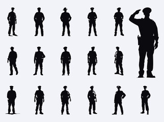policeman silhouette standing in various poses - obrazy, fototapety, plakaty