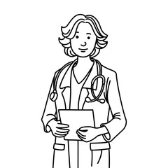 Beautiful female doctor in lab coat. Medicine professional doctor. Healthcare worker cartoon character. Hand drawn doctor. Female doctor manual drawing.