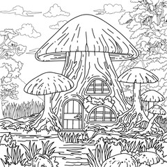 Mushroom house in the middle of forest. Mushroom house coloring book. A little fairy mushroom house among the forest tree. coloring book.