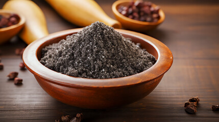 Kala Namak oder schwarzes Salz ist eine Art Steinsalz mit dunkelviolett-schwarzer Farbe. Kala Namak or black salt, is a type of rock salt that is dark purple-black color. Generative AI - obrazy, fototapety, plakaty