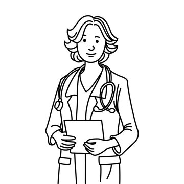 Beautiful female doctor in lab coat. Medicine professional doctor. Healthcare worker cartoon character. Hand drawn doctor. Female doctor manual drawing.