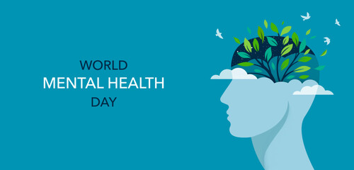 World Mental Health day, concept design with abstract human head profile, flowers and birds