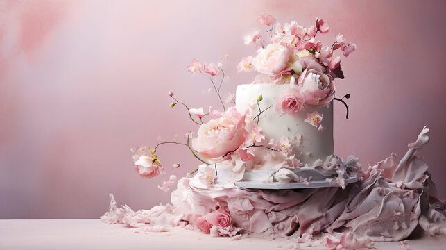 A delectable pink wedding cake adorned with delicate flowers and a hint of sweetness radiates a feeling of joy and celebration