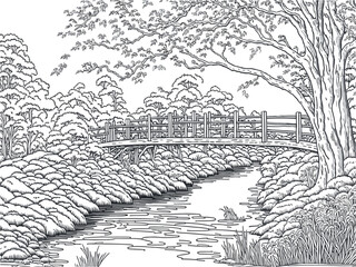 Landscape nature and Wooden bridge, Children coloring book.