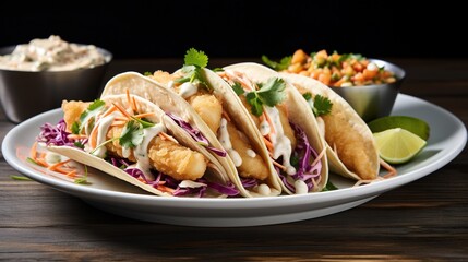  a plate of fish tacos with cole slaw and a side of cole slaw.  generative ai