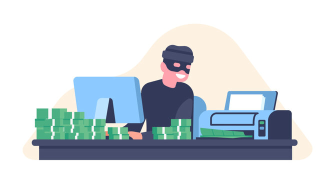 Counterfeiting money. Counterfeiter prints counterfeit cash on printer. Dollar banknotes stacks. Illegal finance. Fake currency. Criminal at computer. Financial fraud. Vector concept