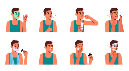 Male facial skin care procedures. Beauty routine. Man applying cosmetic mask and moisturizing cream. Shaving and cleansing. Makeup steps. Skincare products. Guy portraits vector set