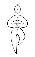 Fototapeta premium Contours of a man in yoga poses with chakra colors on a white background. Trendy idea design for poster, banner