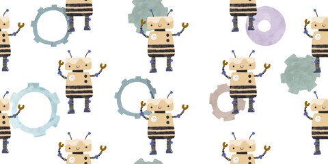 Colorful cartoon robots isolated background seamless pattern. Endless pattern with different robots. Repeating color simple flat pattern with monsters. Pattern for kids with cartoon characters. 
