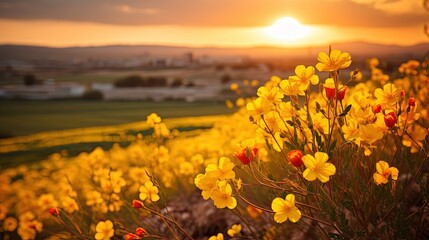 Fototapeta premium beautiful floewer field on hill with calm and tranquil nature landscape, Generative Ai