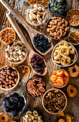 Composition with a variety of dried fruits and assorted nuts.