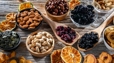 Composition with a variety of dried fruits and assorted nuts.