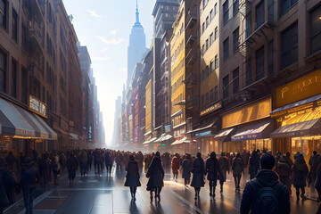 Obraz premium Illustration of a busy new york city street with crowds of people walking. (AI-generated fictional illustration) 