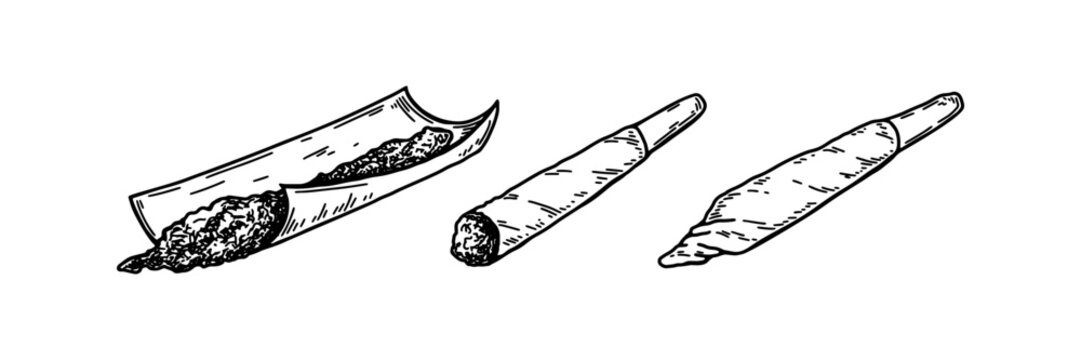 Cannabis joint set. Hand drawn marijuana spliff. Vector illustration in sketch style