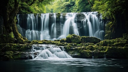 Fototapeta na wymiar a waterfall with mossy rocks and water flowing down it. generative ai