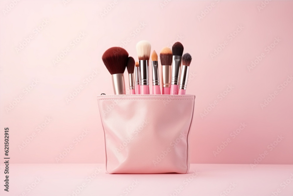 Wall mural cosmetic brushes in a pink bag an a light background. ai generated