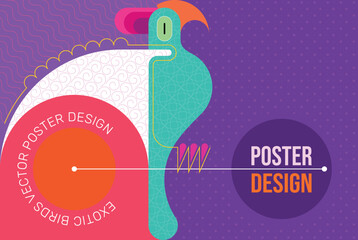 Exotic bird geometric style vector poster design. A large parrot of bright colors with a spread wings sits on a branch.