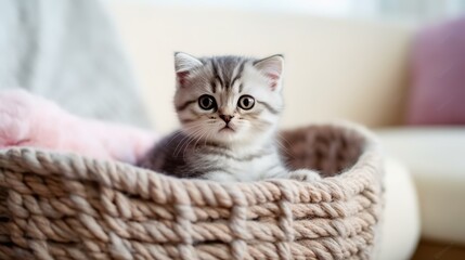 Fototapeta na wymiar Cute little kitten Scottish Fold sit in the basket. Generative AI