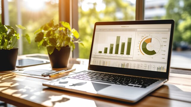Laptop o the table with economic graphs, charts, diagrams. Business analitics. Generative AI